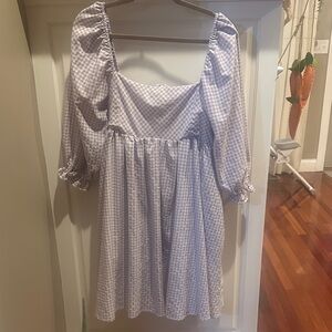 Women’s Sweet Lemon Lavender Gingham Mini Dress with Puff Sleeves